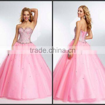 Stylish Best Seller Cheap Sweetheart Tulle Beaded Pink Quinceanera Dresses HAQ-001