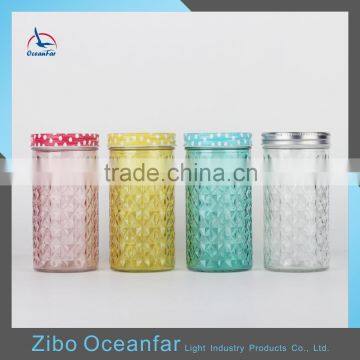 Good Quality Jars Glass Mason Storage Jar Colourful Embossed Diamond Mason Jar