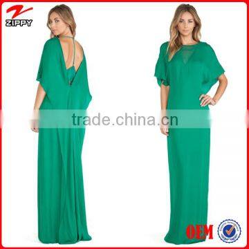 Women sheer inset gown in emerald latest long gown women long dress gambar model gaun satin long dress