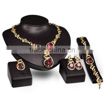 2016 Luxurious Red Crystal Three Stone Waterfull Pendant Indian Jewelry Set For Bride