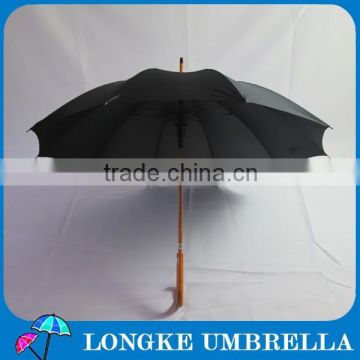 High quality Fiberglass ribs plain black color pongee fabric wooden umbrella for advertising