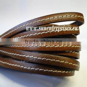 Flat Nappa Leather cords - Italian Leather - Stitched Natural Brown- 20mm