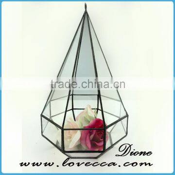 unquie shape Custom-made Home Garden Geometric Glass Terrarium perfect with black metal frame lead and nickle free