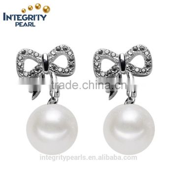 7.5-8mm perfect round nice design sterling silver bowknot pearl earring