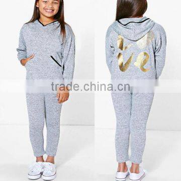 China Manufacturer Online Shopping Kids Clothing Girls Love Long Sleeve Printed Tracksuit Sport Set With Contrast Trim