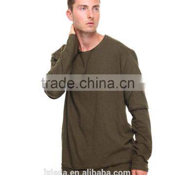 Pieced layered construction raw mens athleisure crew neck collar longline tees