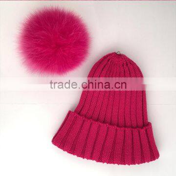 Myfur Hot Pink Rose Winter Wool Knit Hat With Fox Fur Pompom Attached