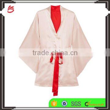 2017 New Style Pink and Red Color Blocking Embroidered Satin Robe with Waist Tie