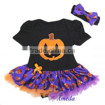 Halloween Baby Orange Pumpkin Purple Pettiskirt Bodysuit and Headband