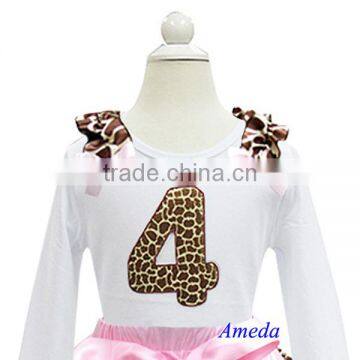 Girls Brown Pink Giraffe 4th Birthday White Long Sleeves Tee 1-7Y photo-1