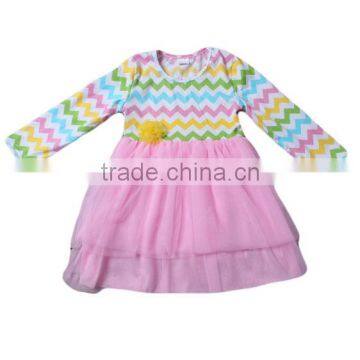 2016 hot sale colorful chevron print dress pink color lace baby girls party dress design