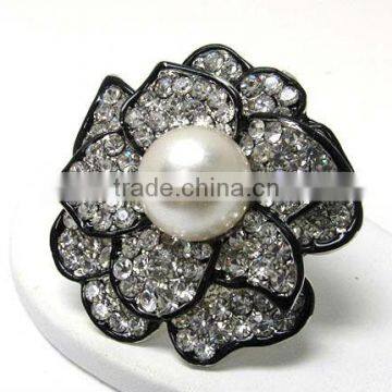Clear Rhinestone/White Pearl/Black Enamel/Deco Flower/Rhodium Plated Brooches