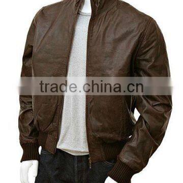 Men's Black Leather Collar Bomber Jacket