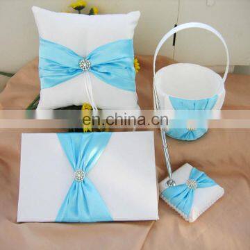 Light blue bow-knot with Beads Decoration wedding guest book /pen holder/ring pillow/flower basket set
