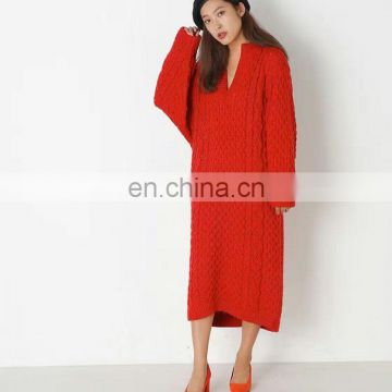 V neck New fashion winter long style women maxi knit sweater dresses