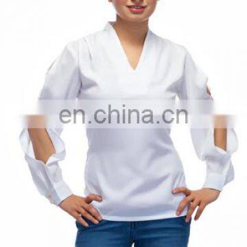 Blusas Femininas New Design Hot Summer Latest Stylish Sexy Sleeve Collar Neck Ivory Polyester Crepe Blouse Top For Ladies Women