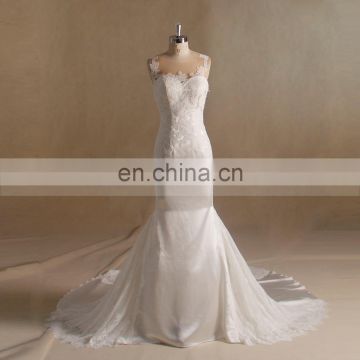 Exquisite New Model Lace Applique Backless Satin Wedding Dress With Chapel Train Sleeveless