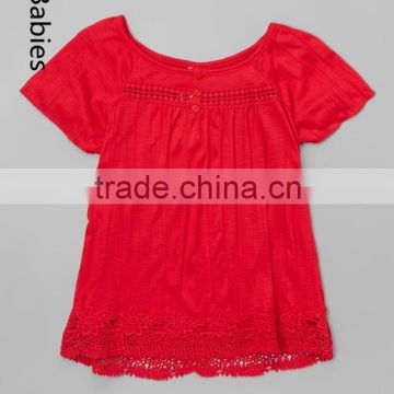 Latest design summer tops Lovely babies red crochet trim girls tops