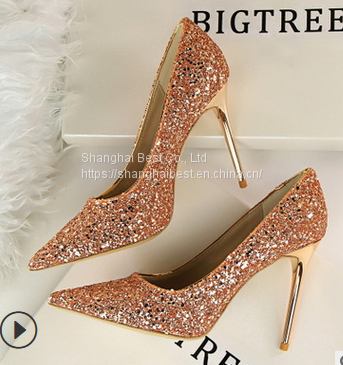 Women's shoes high heel shallow mouth pointed sparkle Sequin show thin night club high heel single shoes