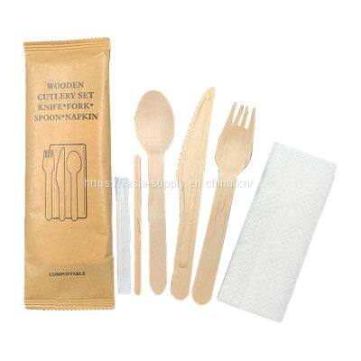 Disposable wrapped in Kraft Paper Pack 6 in 1 Birch Wood Cutlery Sets Wooden fork & Wooden Knife & Wooden Spoon & Wooden Coffee Stirrer & Napkin & Toothpicks