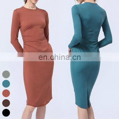 Long Sleeve Waisted Ruffles Split Back Yoga Dress Custom Logo Workout Clothing Gym Fitness Wear Yoga Skirt Women Sports Dress photo-2