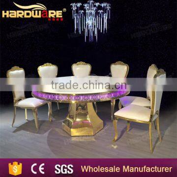 golden stainless steel round wedding dining table with led light MDF top