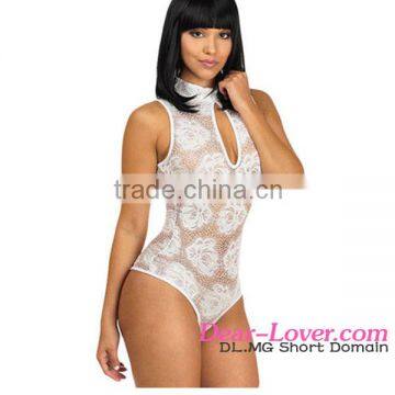 White Floral Lace Sleeveless female babydoll sexy open dance bodysuit