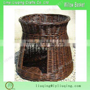 Dark brown Two Tier Wicker Oval Pet Bed Basket House Wicker Cave with Bed on Top