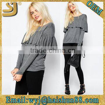 Plain ladies fashion designs grey and black cotton long sleeve elongated t shirt