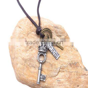 Genuine Leather Necklace with Antique Sliver Top Crown Key Pendant.