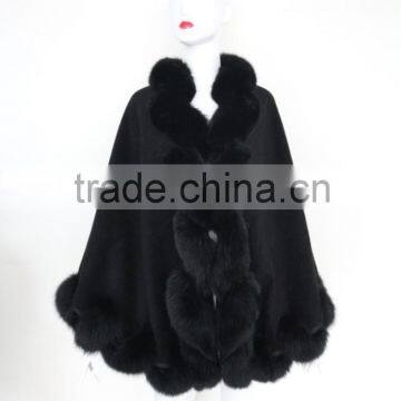 fashion women cashmere shawl / poncho / capes with fox fur trim