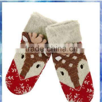 women Lurex knitted deer gloves & mittens for with fluffy cuffs