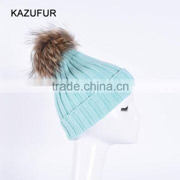 Custom raccoon fur pom pom ball & knitted beanie Hat wholesale price KZ160074
