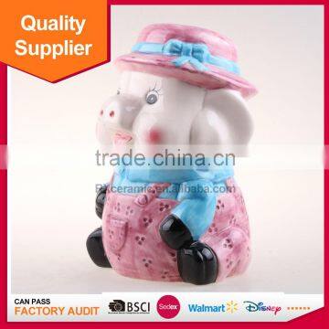 wholesale lovely pink pig in a hat shape ceramic piggy bank