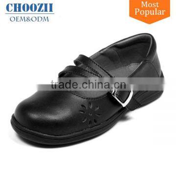 Customized Girls Black Microfiber Leather Students School Shoes with Buckle Strap