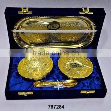 Brass Bowl Set With Tray & Spoons Gold Plated in Velvet Box for Corporate Gifts