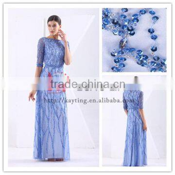 New arrival formal bead embroidered blue half sleeve evening dress