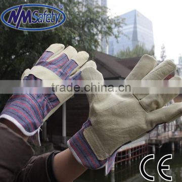 NMSAFETY strip cotton back leather gloves cow split leather welding work gloves