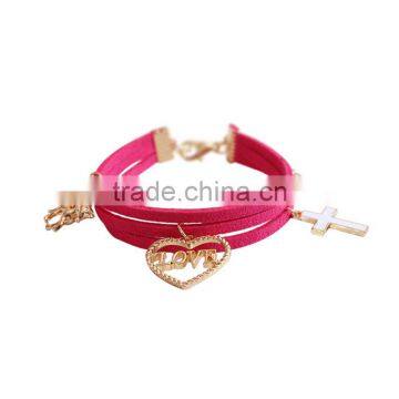 Gold Love Heart Cross Horse Feather Charms Sude Leather Bracelet Multi Layer Velvet Leather Bracelet