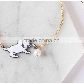 Enamel Cat Catching the Ball Bracelet Metal Cat Pearl Bead Charm Gold Chain Bracelet