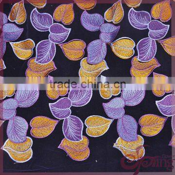 Colorful leaves shining poly embroidered tulle swiss voile lace fabric