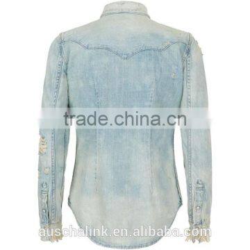 Ladies Twin Chest Pocket Fashion Cotton Jeans Shirt OEM Service photo-2