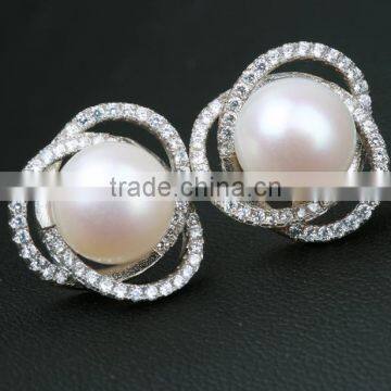 2016 Hot New Elegant Natural Pearl and Zirconia Stud Earrings in 925 Sterling Silver photo-2