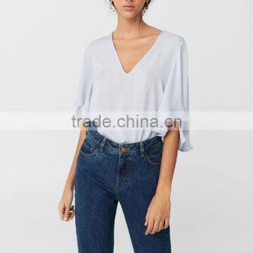 Batwing V Neck Bodysuit Women Casual Frill Sleeve Blouse Designs photo-5