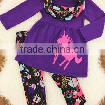 Girl Christmas ponies' applique purple cheap christmas clothing suit baby girl clothes