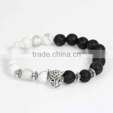New Fashion Stone Beads Antique Silver Leopard Head Elastic Lava Beaded Healing Bracelet photo-2