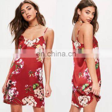 Mature Women Sexy Red Based Floral Print Mini Dress with Thin Straps