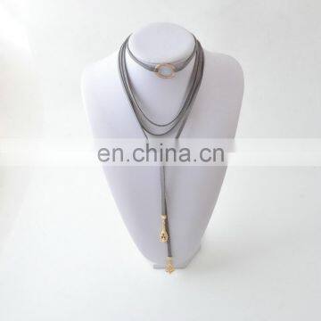 Layered Gray Knot Suede Wrap Necklace Gold Circle Pendant Bohemian Choker Necklace Jewelry photo-3