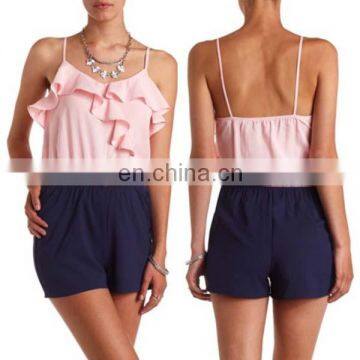 New In Girls Fashion Pink And Deep Blue Spaghetti Strap Short Jumpsuit