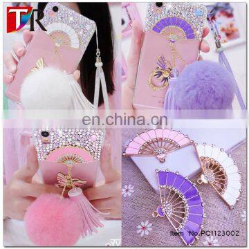 Furry Fur Felt Ball Chain Pendant Rhinestone Decorative Cell Phone Cases Cover